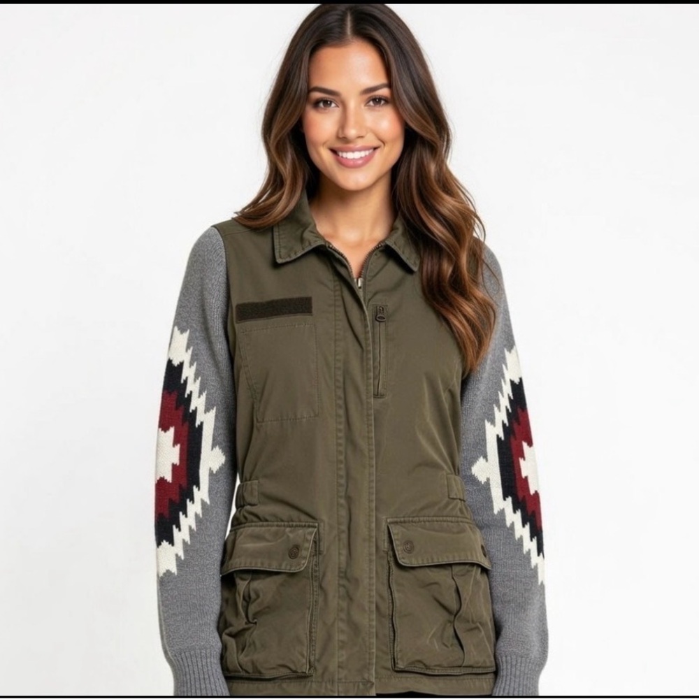 Maison Scotch Army Jacket Womens Size 1 Olive Military Wool Blend Sweater Sleeve